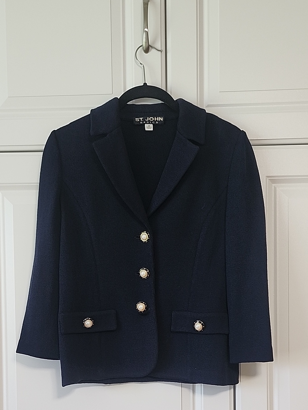 St. John Navy Knit Blazer With Pearl-Style Buttons